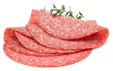 Salami smoked sausage slices isolated on white background