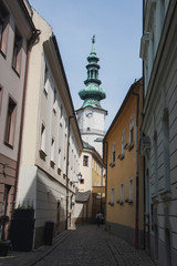 Fototapeta premium Beautiful street,building of Bratislava Downtown.View of day street.Traveling concept background.The landscape of the old historical city.Architecture, buildings Slovakia,Europe