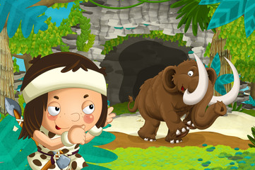 cartoon happy scene with caveman traveling near some cave looking and mammoth going out of the cave - illustration for children
