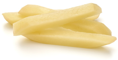 Raw Potato sliced strips prepared for French fries isolated on white background