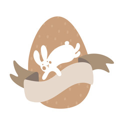 Cartoon White Bunny and Cute Chick Eggs with Pattern and Sweet Brown Ribbon. Easter or Kid Vector Illustration. Soft pastel colors.