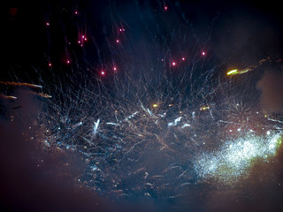 The London New year fireworks display captured from the central Barge on the River Thames