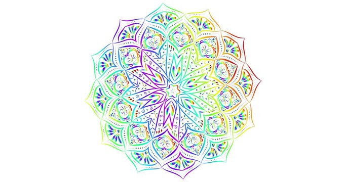Rainbow mandala background. Constantly growing rotating floral pattern, on white backdrop.