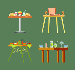 Tables restaurants, pizzeria cafes design vector. Isolated desks with food cheeseburger, and french fries fried potatoes, ice cream and pizza in box