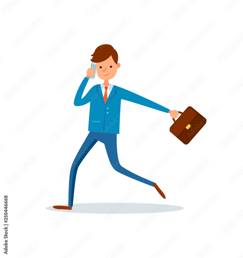 Aufkleber man director talking on phone and running to work vector. businessman with briefcase and papers in c