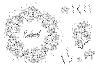Vector floral round wreath, vintage floral design.