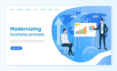 Modernizing business process online info page vector. graphic and charts or diagrams on presentation, businessmen and world map, man with laptop on chair. Website or webpage template landing page