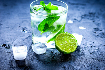 mojito in glass on dark background close up