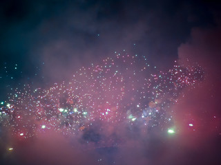The London New year fireworks display captured from the central Barge on the River Thames