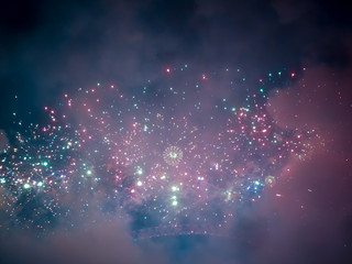 The London New year fireworks display captured from the central Barge on the River Thames