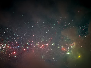 The London New year fireworks display captured from the central Barge on the River Thames