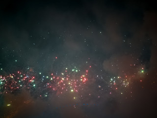 The London New year fireworks display captured from the central Barge on the River Thames