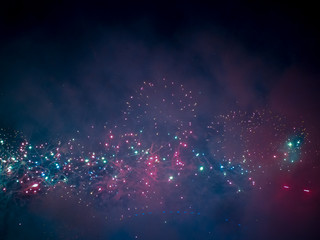 The London New year fireworks display captured from the central Barge on the River Thames