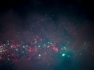 The London New year fireworks display captured from the central Barge on the River Thames