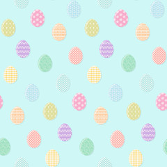 Tender blue Happy Easter seamless pattern with colorful eggs. Gentle ornamental eggs texture for Easters package, gift wrapping paper, textile, covers, background