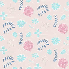 Fototapeta na wymiar Tender pink floral seamless pattern with doodle blue flowers and green leaves. Trendy hand drawn plants texture for textile, wrapping paper, surface, wallpaper