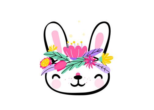 Cute easter bunny face with minimal fantasy spring flowers at his head. Vector illustration in hand drawing sketch outline style