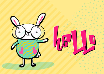 Obraz na płótnie Canvas Happy easter greeting background with cute easter bunny and quote hello. Striped and dots texture, with copy space. Vector illustration in hand drawing sketch outline hipster style