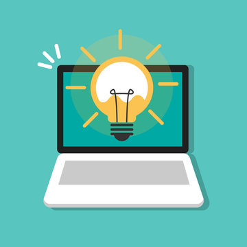 Light bulb with rays shine. Energy and idea symbol on laptop, computer icon