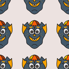 A cartoon character. The face of a monster. Bright seamless ornament.