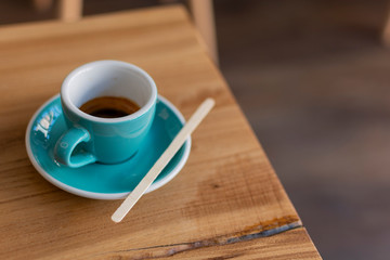 Top view cup of coffee. Cafe concept. Wood table texture background. Hot drink in the morning. Aroma breakfast and latte. Fresh caffeine 