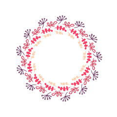 Herbs and plants in pink colors hand drawn wreath mandala illustration