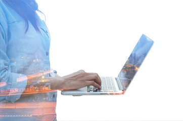 double exposure businesswoman using laptop working isolated on white background with night...