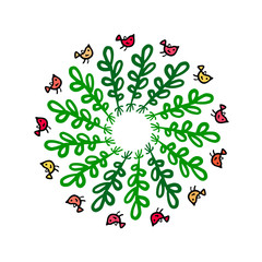 Birds plants flowers herb wreath mandala hand drawn illustration