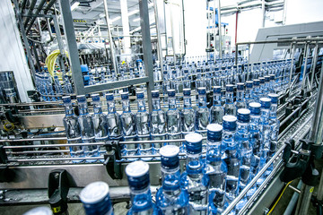 Many bottles on conveyor belt