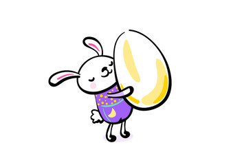 Cute smiling easter bunny hugging the egg. Happy easter greeting background. Vector illustration in hand drawing sketch outline hipster style. Isolated on white backdrop