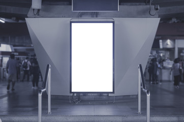big blank billboard white LED screen vertical outstanding on bunting or concrete pillar side pathway walking to skytrain outdoor for display advertisement text template promotion new brand.