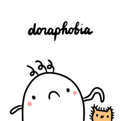 Doraphobia hand drawn illustration with cute marshmallow touching cat