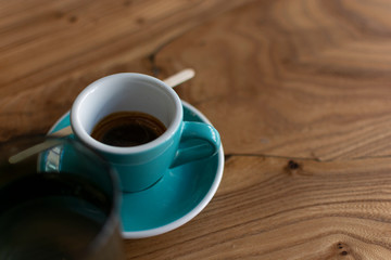 Top view cup of coffee. Cafe concept. Wood table texture background. Hot drink in the morning. Aroma breakfast and latte. Fresh caffeine 