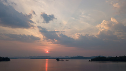 Khao Laem National Park at at Pom Pee viewpoint of Vajiralongkorn dam in Kanchanaburi, Thailand. Photo on aerial view from drone during sunset.