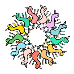 Unicorn hand drawn wreath mandala illustration cartoon style