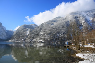 the reflection on the lake in hallstatt, austria