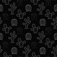 Seamless pattern of cactus with white stroke over black background.