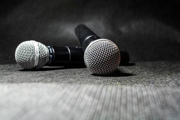 Kiev, Ukraine. January 10, 2019. The microphone for singing on black background lies. Karaoke....