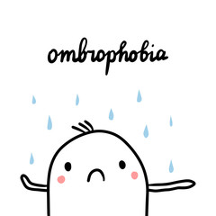 Ombrophobia hand drawn illustration with cute marshmallow under the rain