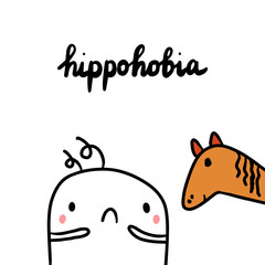 Hippophobia hand drawn illustration with cute marshmallow and horse