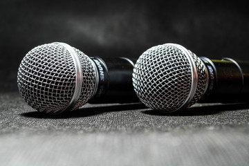 Kiev, Ukraine. January 10, 2019. The microphone for singing on black background lies. Karaoke....