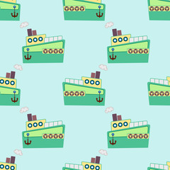 Bright seamless pattern with ships on a blue background. Maritime theme.