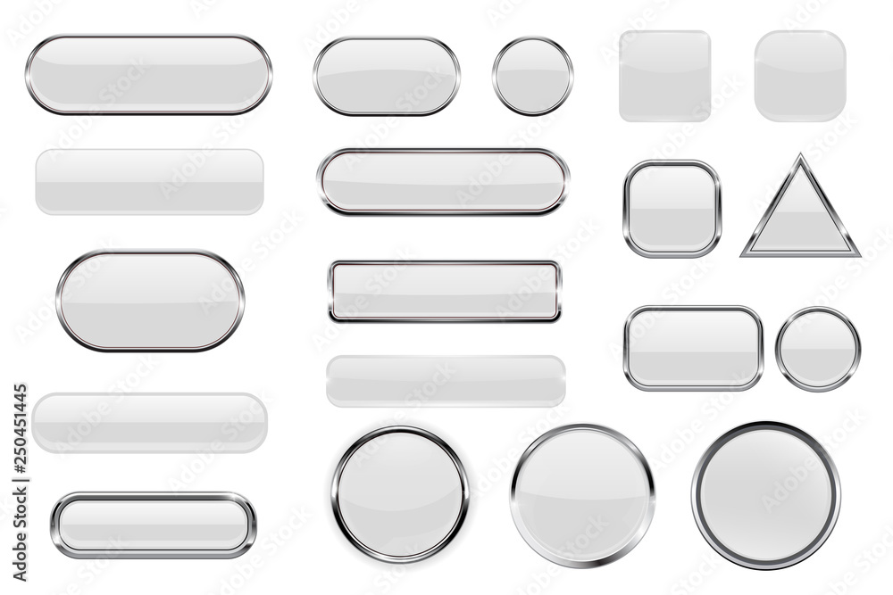 Wall mural white glass buttons. collection of 3d icons with and without chrome frame