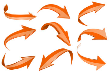 Orange 3d shiny arrows. Set of bent icons