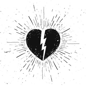 Vector Illustration Handdrawn Broken Heart Symbol Icon With Sunburst On Grunge Background