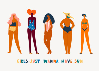 Girls just wanna have sun. Five girls dressed in trendy swimsuits standing in various poses. Girl power concept. Female cartoon characters. Hand drawn colored vector set. All elements are isolated - obrazy, fototapety, plakaty