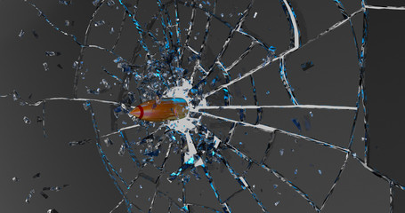 Bullet shatters the glass . 3D render