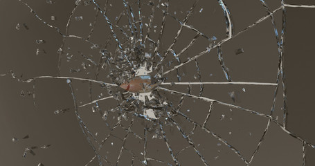 Bullet shatters the glass . 3D render