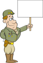 Cartoon illustration of a military general holding a sign.