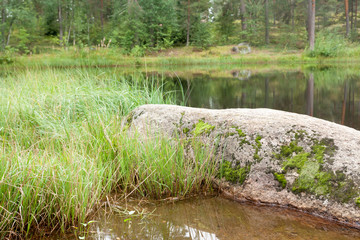 Big stone is in the lake in Finland at summer.